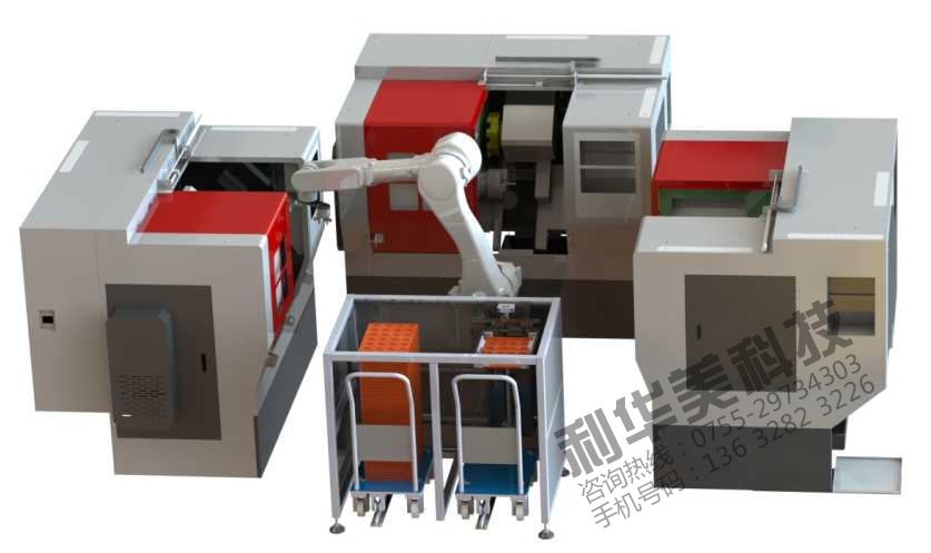 加工中心關節機器人一對三配推車多盤料倉